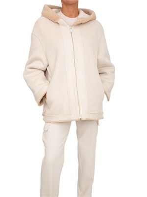 Giaccone Blugirl reversibile in tessuto scamosciato e pelliccia teddy beige in DONNA