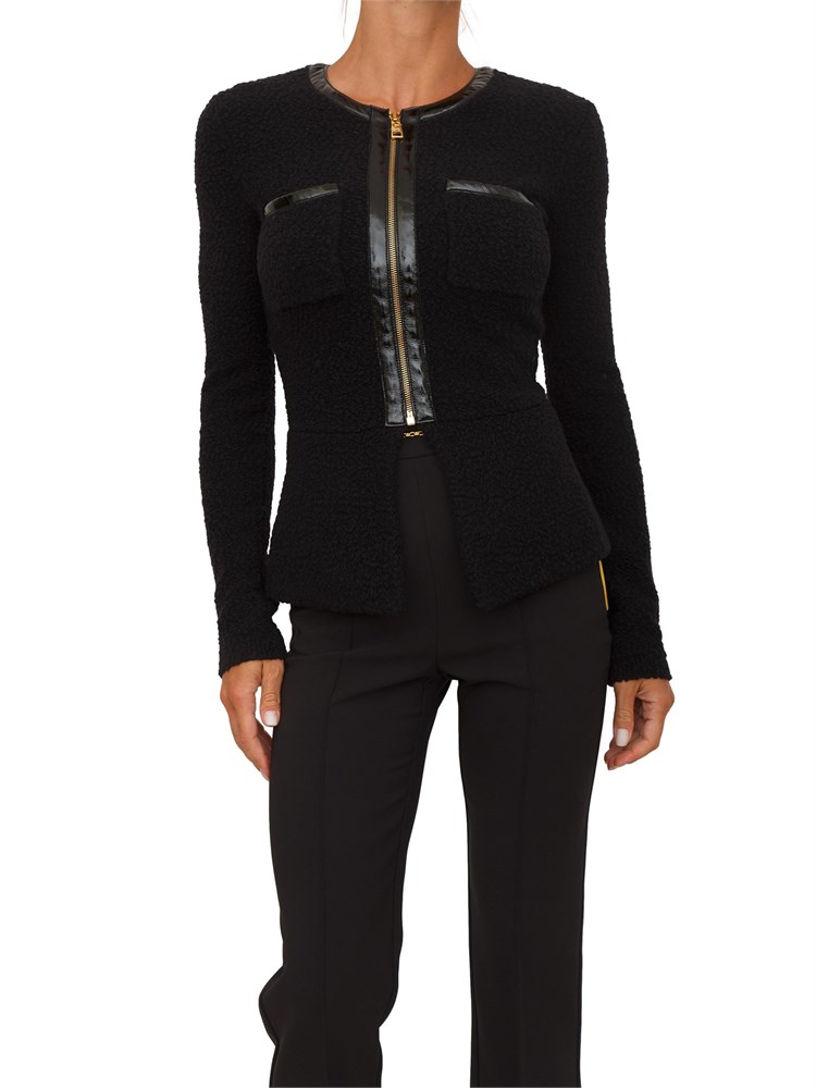 Cardigan Elisabetta Franchi in bouclÉ nero con inserti in vinile e zip