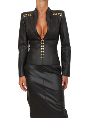 Giacca Elisabetta Franchi in ecopelle nera con ganci gioiello in DONNA