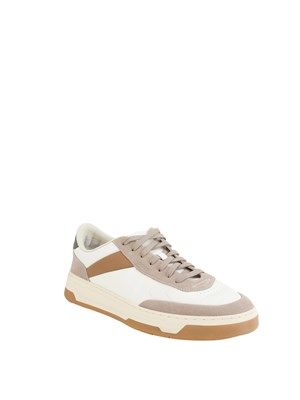 Sneakers Boss uomo in pelle bianca e suede tortora in UOMO