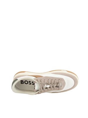 Sneakers Boss uomo in pelle bianca e suede tortora in UOMO