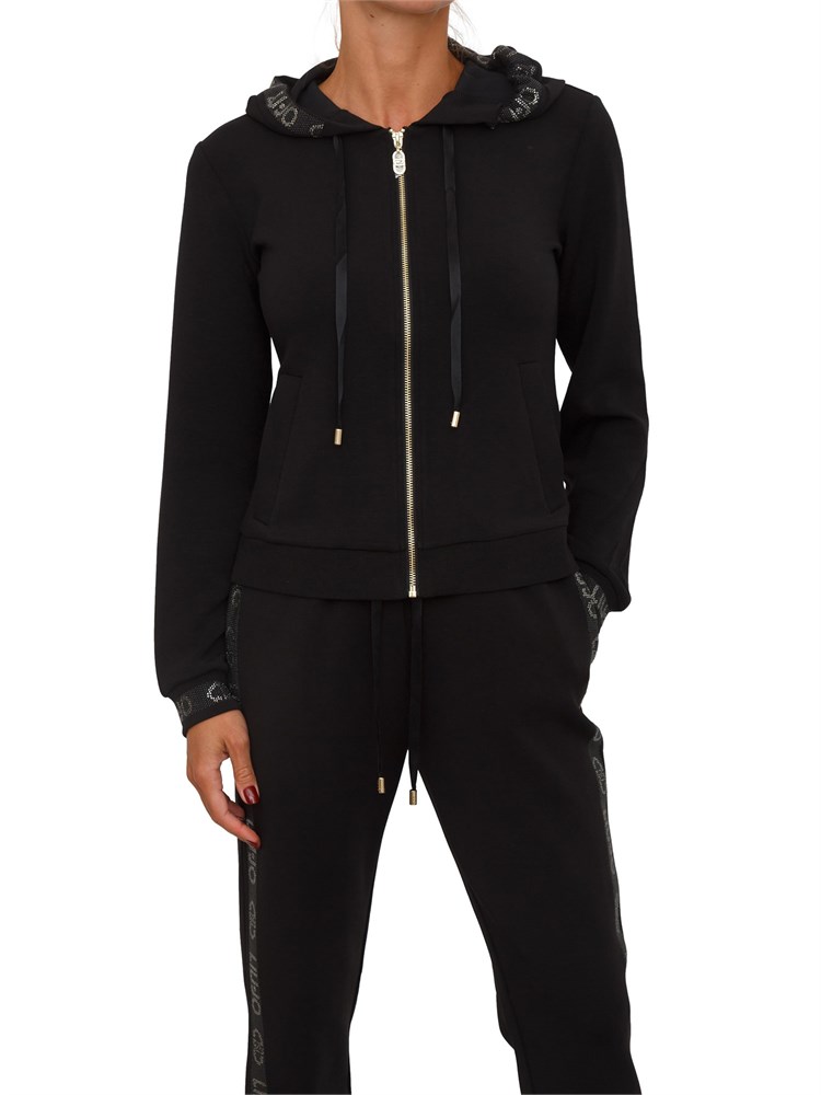 Felpa Liu Jo donna in cotone nero con bordo strass logo