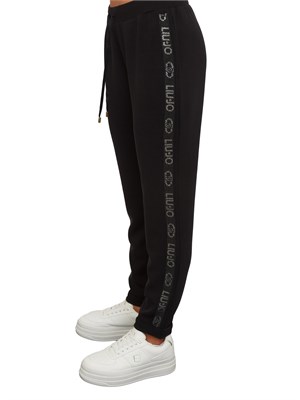 Pantalone tuta Liu Jo donna in cotone nero con banda strass logo in DONNA