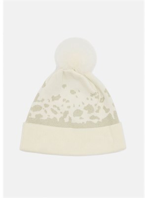 Berretto Liu Jo in viscosa lurex avorio motivo animalier e pompon in DONNA
