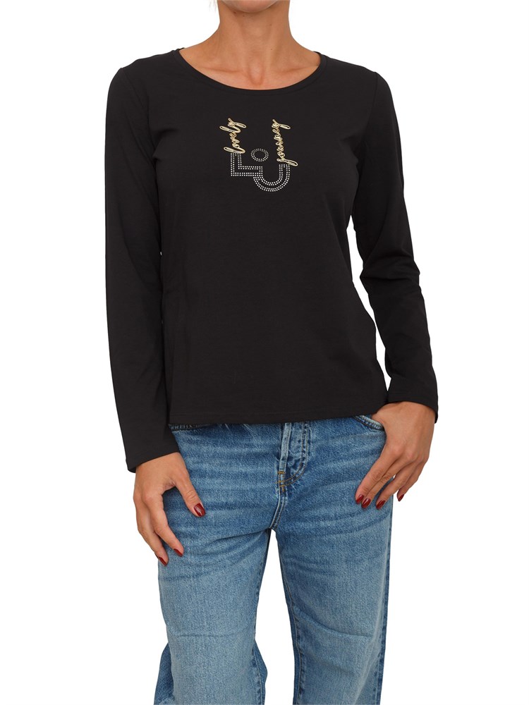 T-shirt Liu Jo donna in cotone stretch nero con logo strass