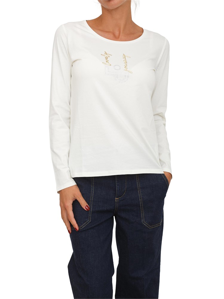 T-shirt Liu Jo donna in cotone stretch avorio con logo strass