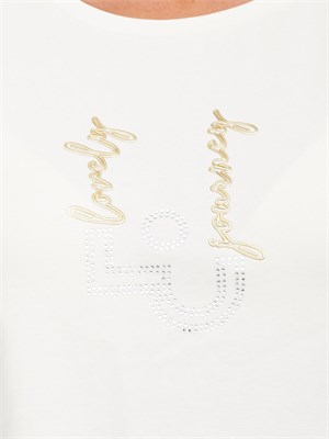 T-shirt Liu Jo donna in cotone stretch avorio con logo strass in DONNA