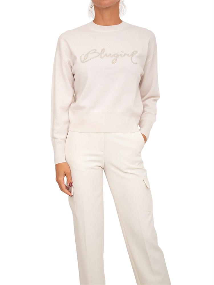 Maglia Blugirl in lana e cachemire avorio logo cristalli