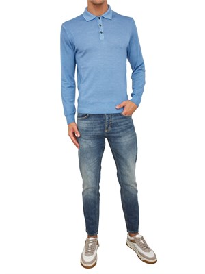 Polo maglia manica lunga Aiace Galassi in pura lana azzurra in UOMO