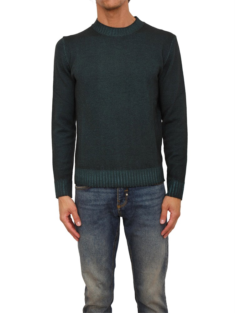 Maglia girocollo Aiace Galassi in pura lana verde con fondi a costine delavÉ