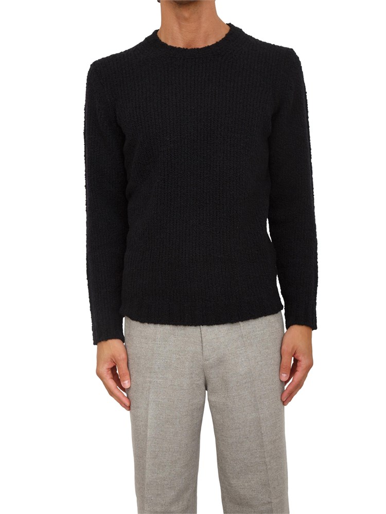 Maglia girocollo Aiace Galassi in misto lana blu con lavorazione effetto bouclÉ