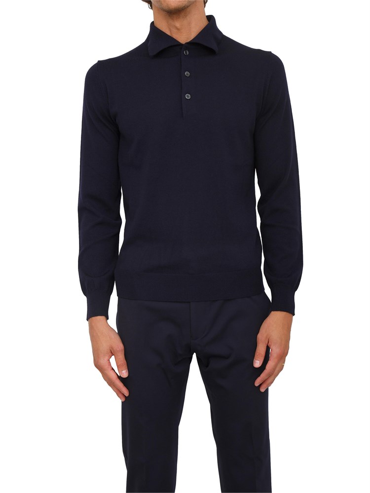Polo maglia Aiace Galassi in lana fine blu con chiusura tre bottoni