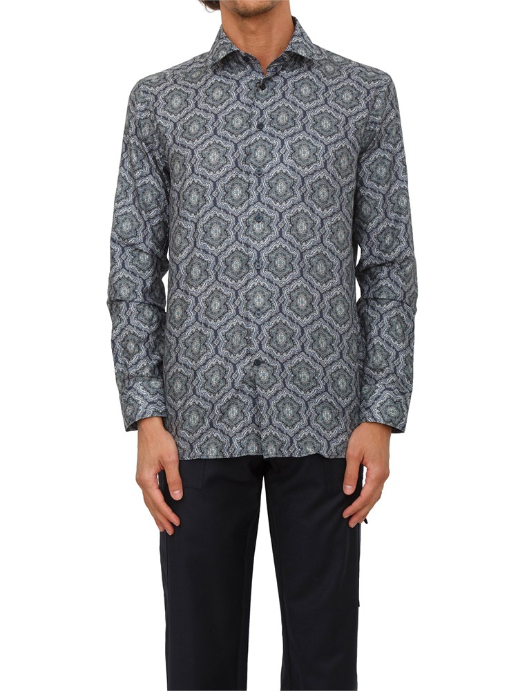 Camicia Etro uomo in rasatello di cotone con stampa astratta blu