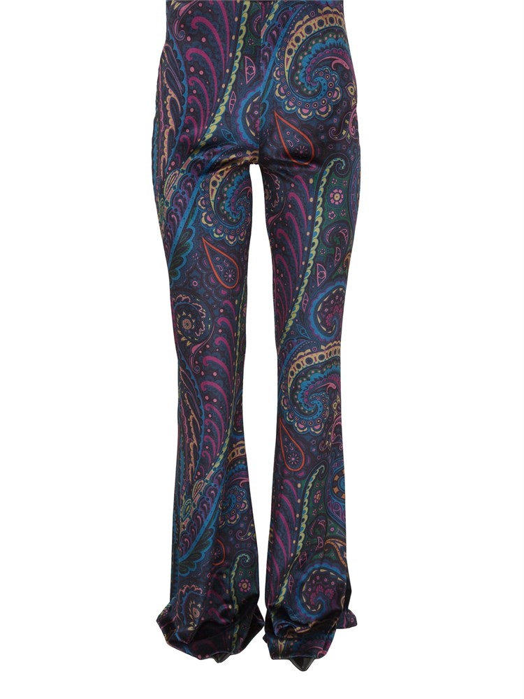 Pantaloni flare Etro donna in ciniglia blu con Paisley multicolor all over