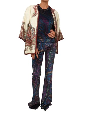 Pantaloni flare Etro donna in ciniglia blu con Paisley multicolor all over in DONNA