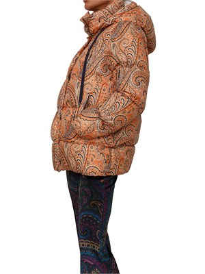 Piumino Etro donna in tessuto tecnico arancione con Paisley multicolor all over in DONNA