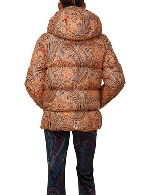 Piumino Etro donna in tessuto tecnico arancione con Paisley multicolor all over in DONNA