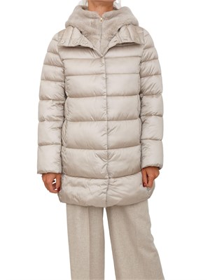 Giubbino Toscana Emme Marella in tessuto grigio beige con cappuccio pelliccia in DONNA