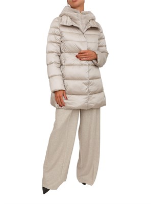 Giubbino Toscana Emme Marella in tessuto grigio beige con cappuccio pelliccia in DONNA