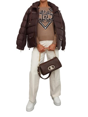 Maglia Liu Jo donna in lana beige con logo jacquard strass e borchie in DONNA