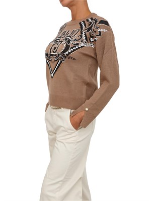 Maglia Liu Jo donna in lana beige con logo jacquard strass e borchie in DONNA