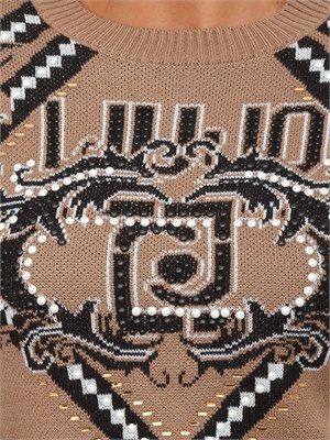 Maglia Liu Jo donna in lana beige con logo jacquard strass e borchie in DONNA