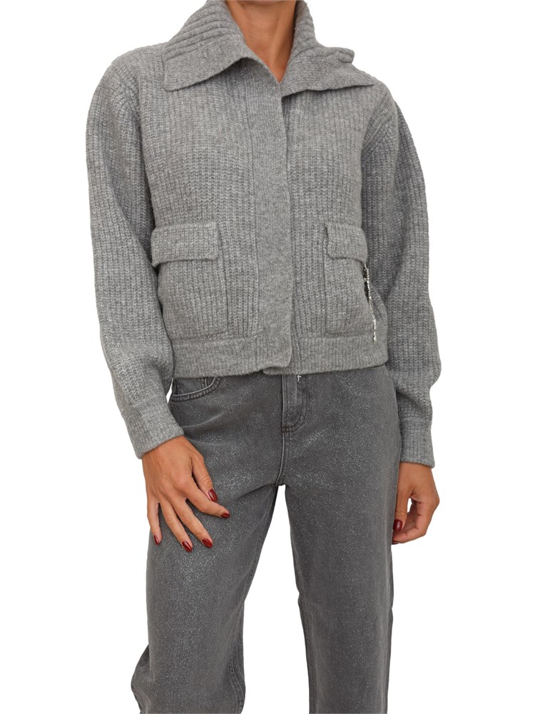Cardigan Liu Jo donna in misto lana grigia a coste con spilla removibile