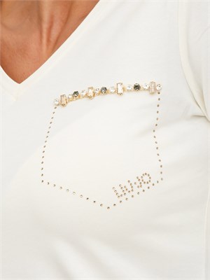 T-shirt Liu Jo donna in cotone avorio con taschino strass in DONNA
