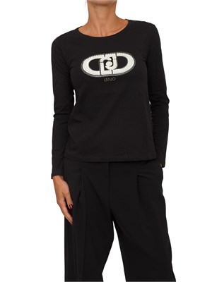 T-shirt Liu Jo donna in cotone nero con logo perle e strass in DONNA