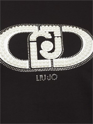 T-shirt Liu Jo donna in cotone nero con logo perle e strass in DONNA