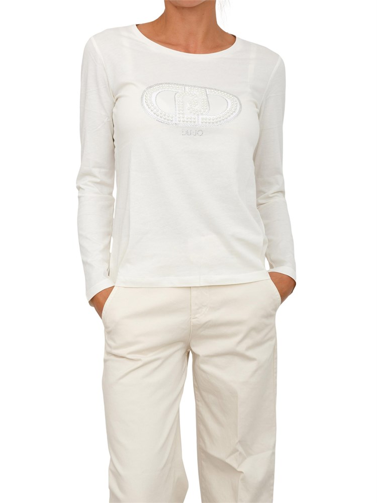 T-shirt Liu Jo donna in cotone avorio con logo perle e strass