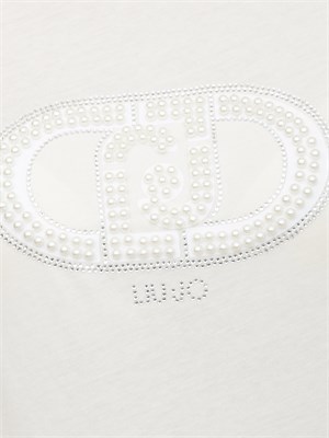 T-shirt Liu Jo donna in cotone avorio con logo perle e strass in DONNA
