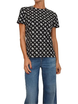T-shirt Guess Jeans donna in cotone organico nero logo all over in DONNA
