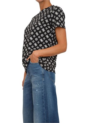 T-shirt Guess Jeans donna in cotone organico nero logo all over in DONNA