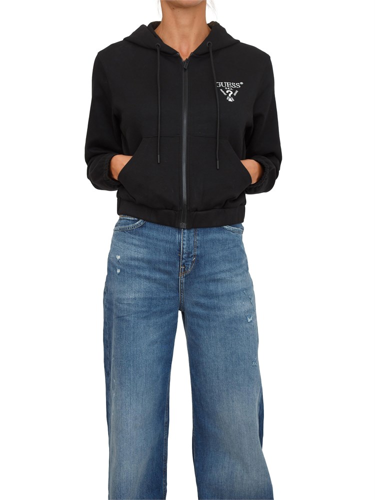 Felpa Guess Jeans donna in cotone nero con cappuccio