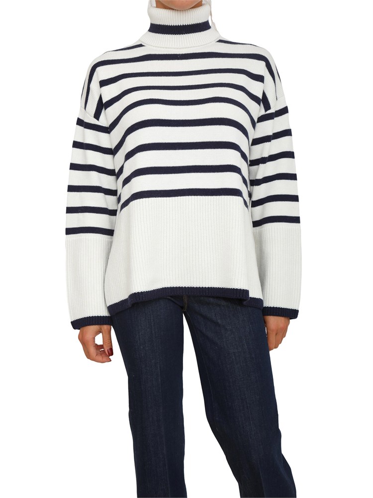Maglione Guess Jeans donna in misto cotone righe bicolor panna e blu