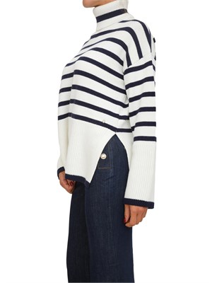 Maglione Guess Jeans donna in misto cotone righe bicolor panna e blu in DONNA