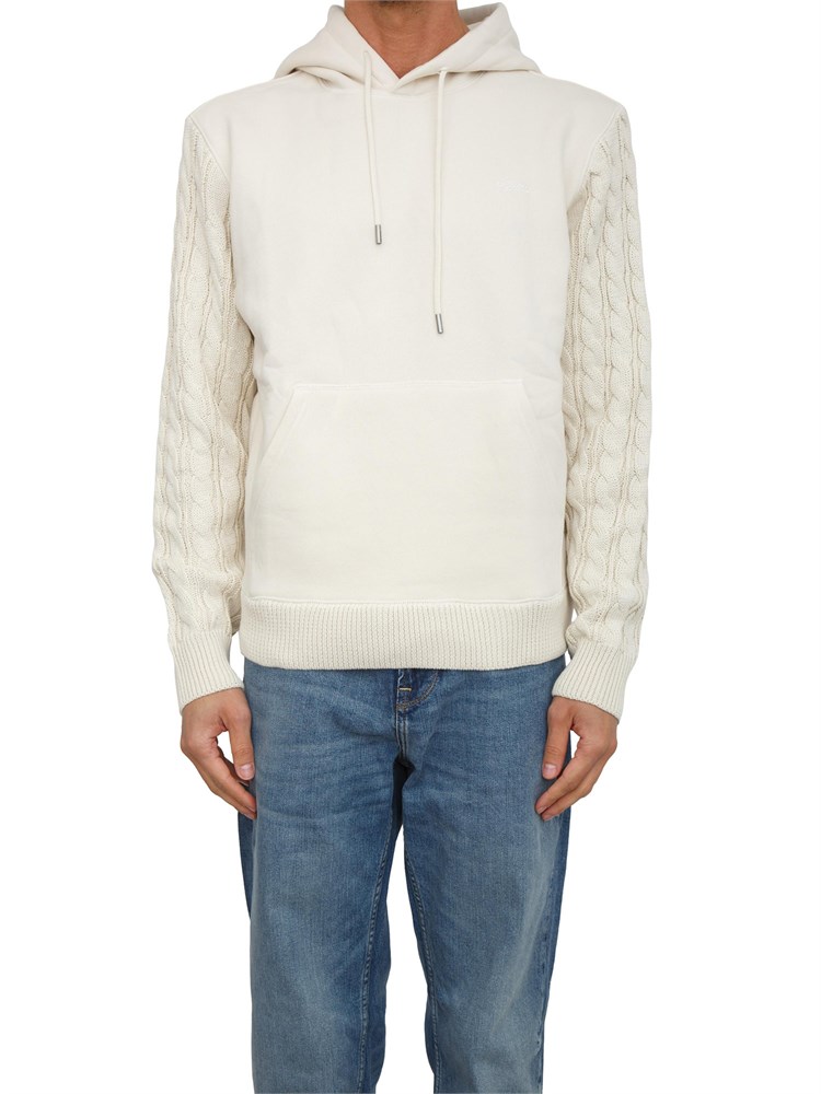 Felpa Guess Jeans uomo in cotone beige con maniche in maglia treccia