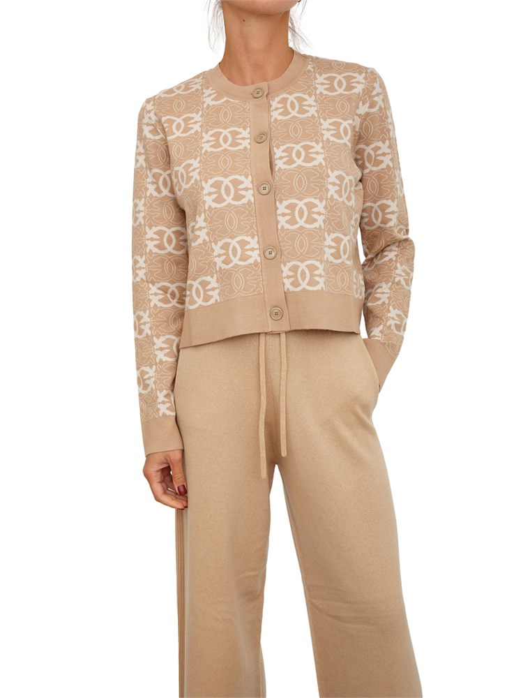 Cardigan Pinko in maglia cammello logo all over jacquard
