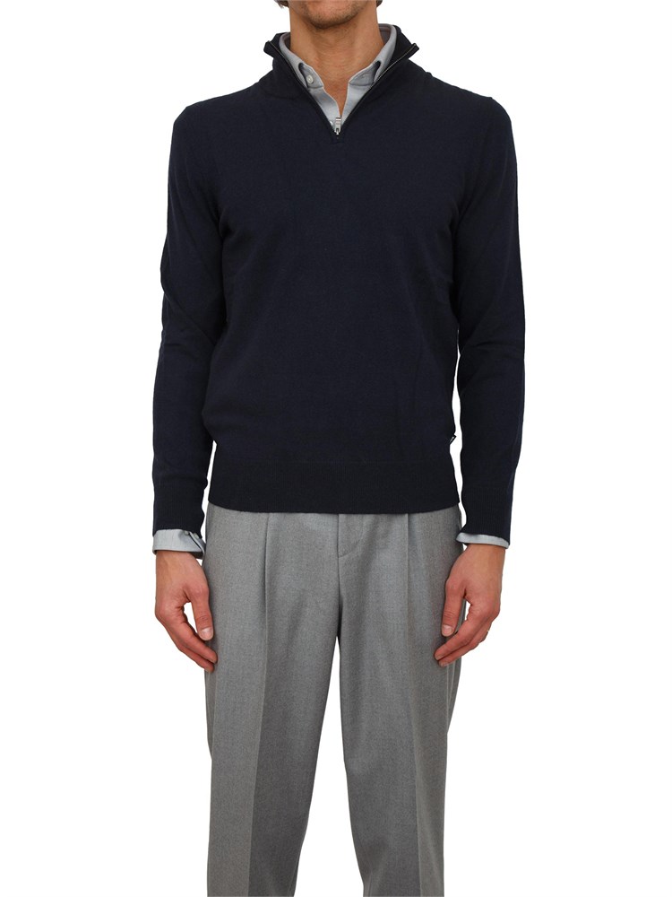 Maglia collo mezza zip Boss uomo in cashmere e lana blu