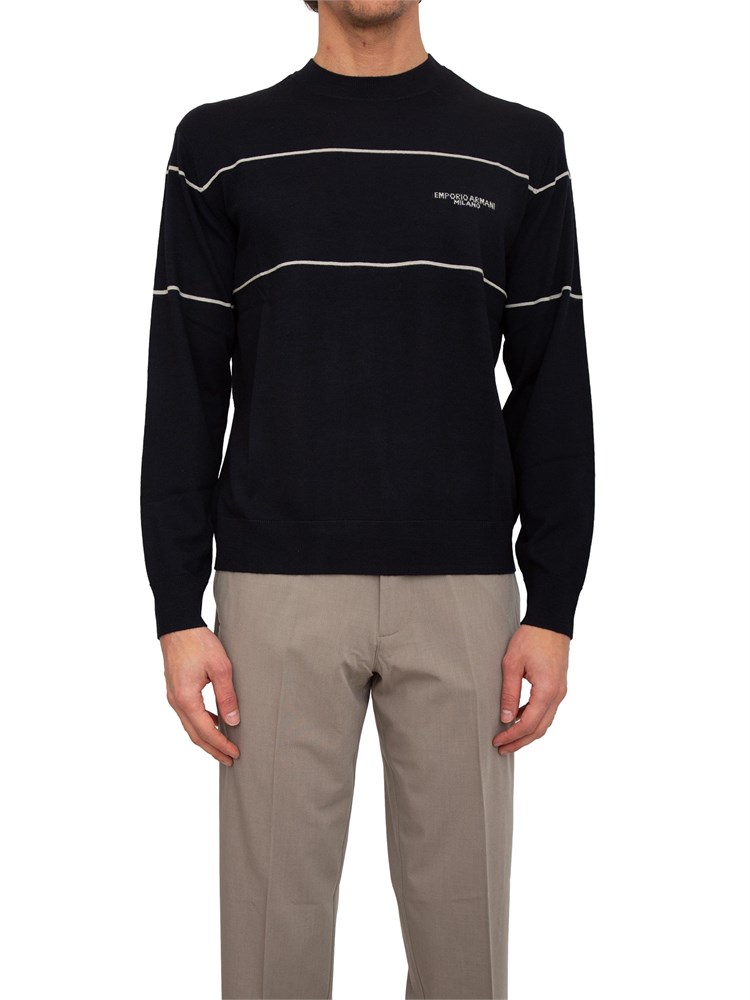 Maglia girocollo Emporio Armani in pura lana vergine blu con contrasti