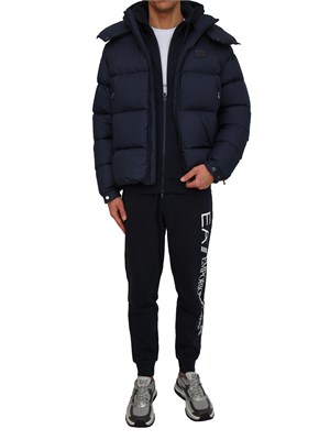 Felpa uomo EA7 Emporio Armani in cotone blu e logo su manica in UOMO