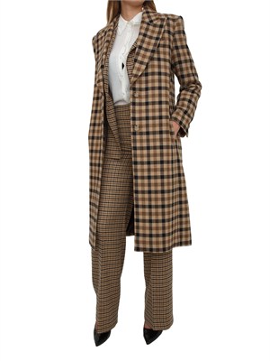 Cappotto Twinset in saia di misto lana a fantasia check cammello in DONNA