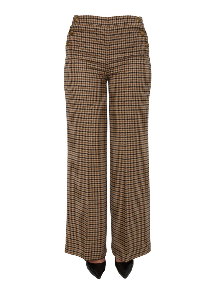 Pantaloni Twinset in saia di misto lana a fantasia check cammello