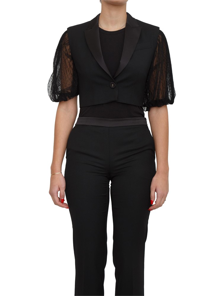 Gilet nero Twinset in twill misto lana e revers in raso