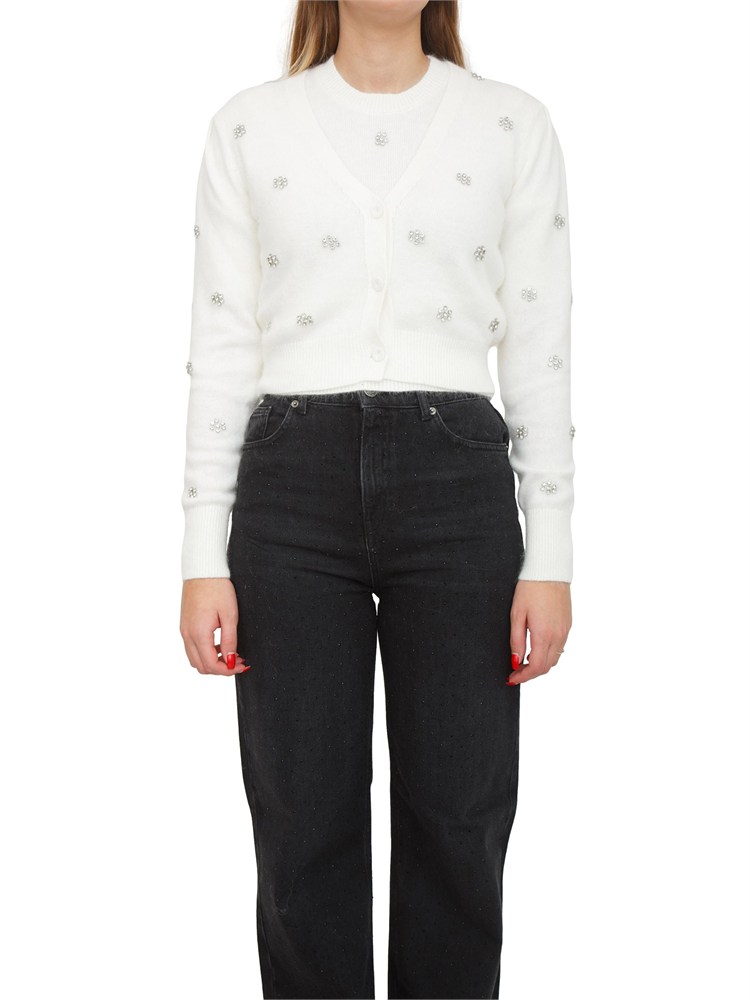 Cardigan Twinset in misto angora bianca con applicazioni strass