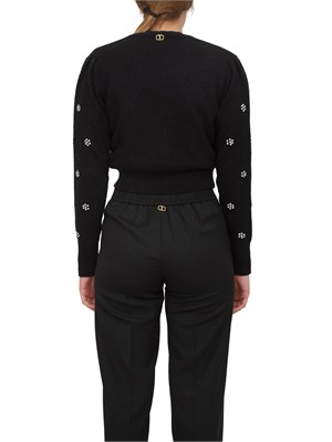 Cardigan Twinset in misto angora nera con applicazioni strass in DONNA
