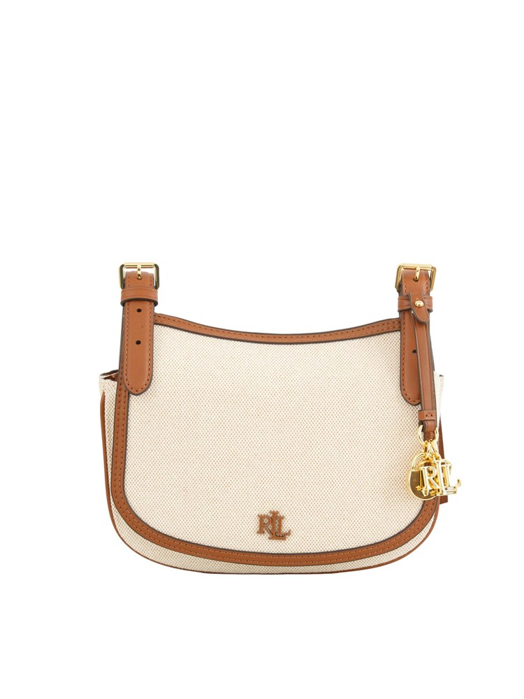 Borsa Marcy Ralph Lauren in tela di cotone beige e profili pelle cuoio