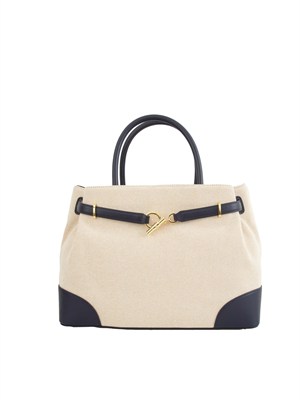 Borsa Ralph Lauren Blaike in tela di cotone beige e profili in pelle blu in DONNA