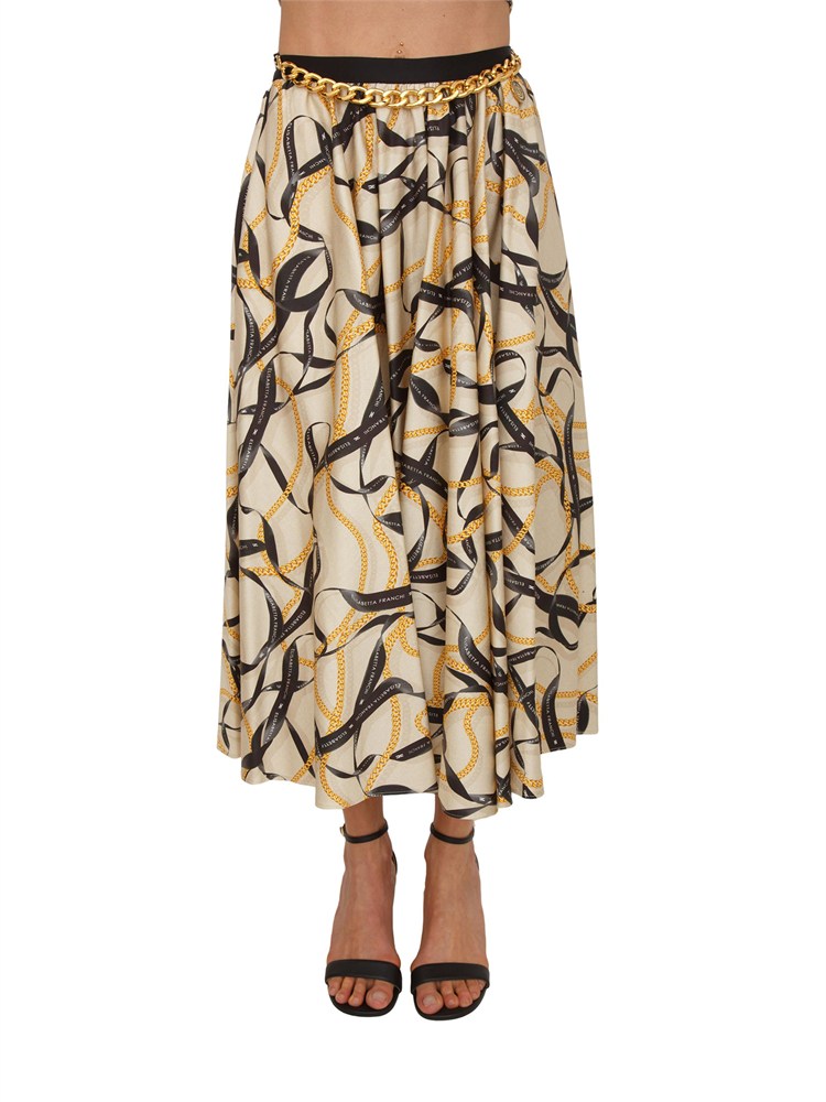 Gonna Elisabetta Franchi in cotone crema e stampa catene e logo